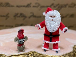 Vintage Miniature Dollhouse Artisan Christmas Tiny Santa Claus Doll & Mouse Toy