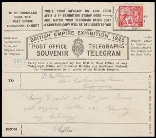 1925 British Empire Exhibition.  Black 1d.  Telegram Form.  Very Fine Example Wi.