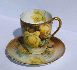 Thomas Sevres Bavaria Cup & Saucer La Reine Yellow Roses Vintage Demitasse Gold