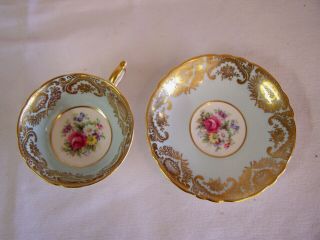 Paragon Green Tea Cup And Saucer With Flowers And Pink Cabbage Rose
