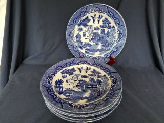 Set Of 7 Vintage Blue Willow Japan Transferware 9 " Luncheon Plates