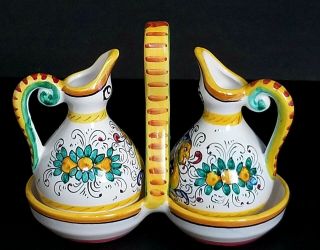 Deruta Pottery Ceramic Oil And Vinegar Set W Caddy Hand Painted Colofull Italy