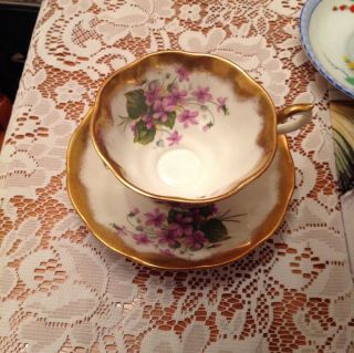 Royal Albert Purple Floral Violets Gold Tea Cup & Saucer Treasure Chest Series