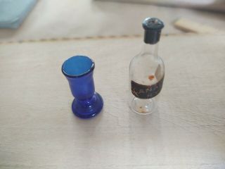 Antique Dollhouse Miniature Blown Glass Canada Rye Bottle And Cobalt Vase.  1900