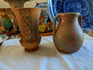 Old Burley Winter Or Zanesville Arts And Craft Mottled Handled Pottery Vase 2