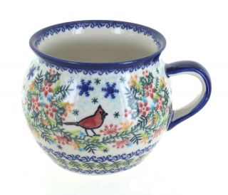 Blue Rose Polish Pottery Winter Cardinal Bubble Soup Mug