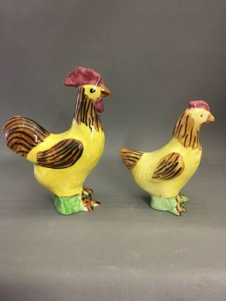 Vintage Yellow Blue Ridge Southern Pottery Rooster Hen Chicken Shakers