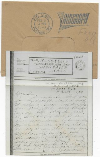 1943 Ww2 Airgraph,  Envelope Field Post Office 641 - Saskatchewan Canada