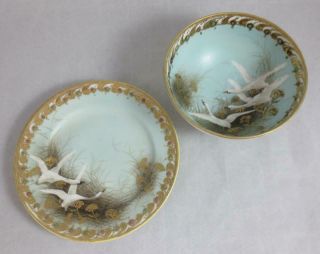 MORIMURA NORITAKE Nippon FLYING SWANS GEESE Condiment Bowl w/ Plate,  JEWELS 2