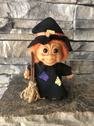 Russ Halloween Troll Doll 4 1/2” Orange Hair Brown Eyes Dressed As A Witch