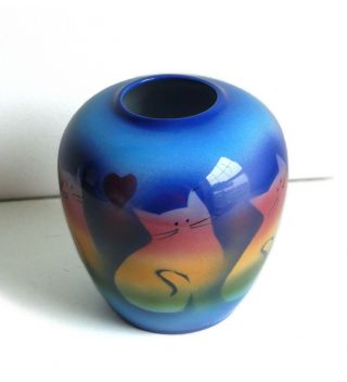 Cat & Heart Signed Judith Stiles Pottery Ny Glazed Vase Teal Blue Rainbow Color