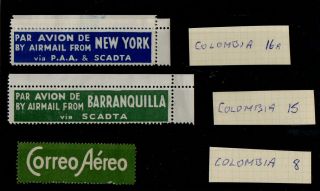 Colombia Airmail Labels - Gum Disturbance On 15,  8 - 16a Adhesion To 2nd Label