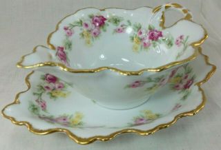 Antique Elite Limoges French Porcelain Pink Roses Gold Gilt Leaf Bowl Tray