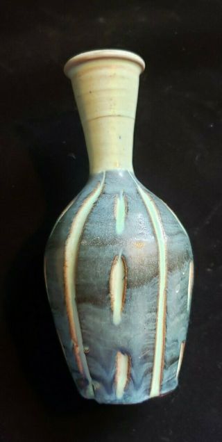 Vintage Puerto Rican Pottery Incised Sgraffito Vase Green Blue Mcm Rustic