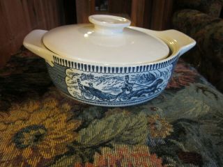 Royal China Currier And Ives Tab Handled Casserole White Lid,  Blue Design.
