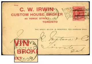 Canada 1¢ Qv Psc Irwin Custom House Broker Oct 1899
