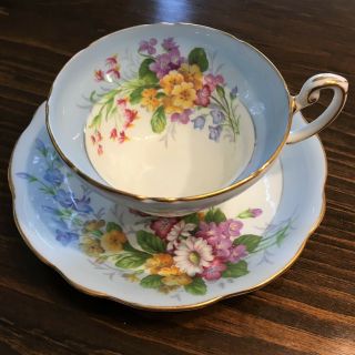 E.  B.  Foley Tea Cup And Saucer Wide Cup Blue Purple Pink Flowers Vintage Pretty