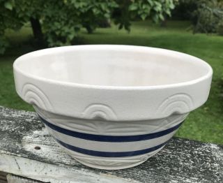 Vtg.  Rrp - Robinson Ransbottom Pottery - Embossed Tan/blue Stripes - 10.  25 In.  Bowl
