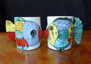 Set Of Two Kissing Fish Mugs,  Italy Hand Painted Coffee Cup Tail Handle