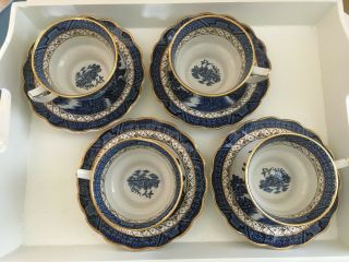 Set Of 4 Vintage Booths Real Old Willow Cups & Saucers Blue A8025 Royal Doulton