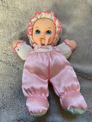 Playskool 1995 My Very Soft Doll Plush Pink Satin 90s Baby With Bonnet Blue Eyes