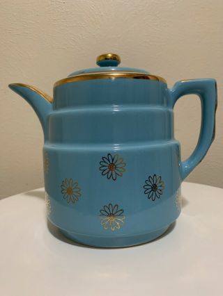 Vintage Hall Coffee Pot Robins Egg Blue With Gold Flowers Made In Usa