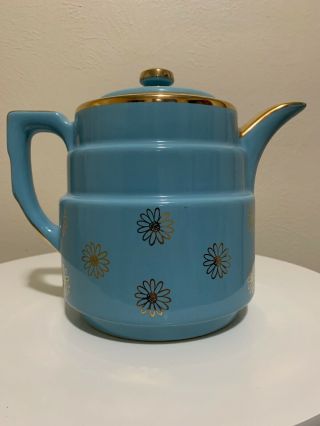 Vintage HALL Coffee Pot Robins Egg Blue With Gold Flowers MADE IN USA 3