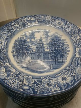Eight Staffordshire England Liberty Blue 9.  75 " Dinner Plates,  Independence Hall
