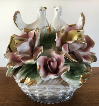 Antique Vintage Capodimonte Porcelain Italy Centerpiece Roses Love Doves Basket