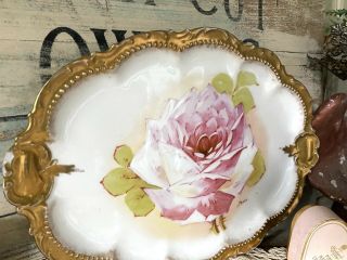 Fab Antique Limoges France Display Porcelain Platter Pink Rose Gold Trim 1 Chip