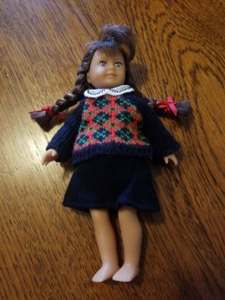 American Girl Mini Doll 6.  5 " W/ Brunette Brown Hair Navy Blue Skirt & Sweater