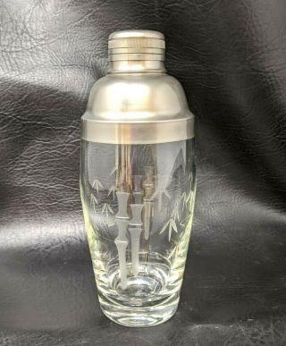 Vtg Mcm Noritake Sasaki Bamboo Etched Crystal Cocktail Martini Shaker & Lid Tt20