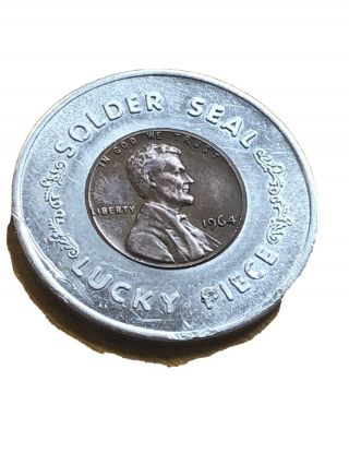 Vintage Solder Seal Lucky Piece 1964 Encased Lincoln Penny 1.  3/8 In Diameter Ex