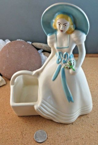 Vintage Hull Usa Art Pottery 8 " Planter Vase White Blue Lady Basket & Hat 954
