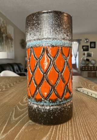 Vintage Mid Century Modern Vase Orange Brown White Fat Lava Clay Art Pottery