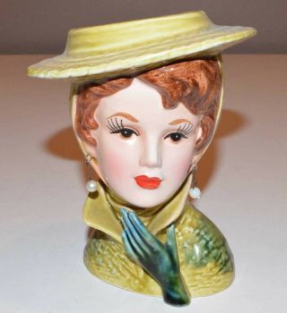 Vintage Lady Head Vase - Lefton 4596 - Green Dress & Hat Reddish Brown Hair - 6 "