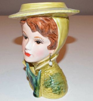Vintage Lady Head Vase - Lefton 4596 - Green Dress & Hat Reddish Brown Hair - 6 