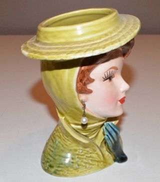 Vintage Lady Head Vase - Lefton 4596 - Green Dress & Hat Reddish Brown Hair - 6 