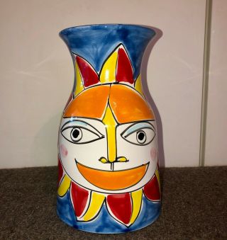 10 " Tall La Musa Terra Cotta Pottery Hand Painted Sun Face Bottle Vase Italy