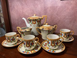 Art Deco Japan Lusterware Tea Set Pot Demitasse Cups Saucers Cream & Sugar Set