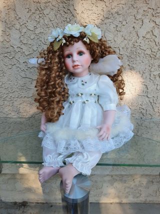 14 " Sitting Angel Porcelain Doll With Wings White Dress Brown Hair