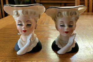 Vintage Napco Lady Head Vases With Pearls And Gloves - Twins