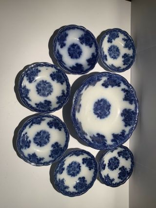 Antique Flow Blue Serving Bowl With 6 Small Dishes