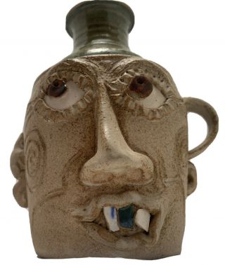 Vintage Southern Stoneware Pottery Face Jug / J Daves / Signed On Bottom