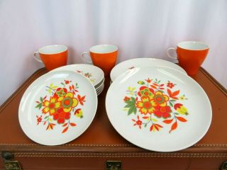 SEYEI Fine China Ilikai 7006 Orange Floral 1970 ' s Set of 13 Dinnerware Plates 2