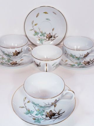 Halsey Porcelain China Set Of 4 Tea Cups & Saucers Swirling Leaves