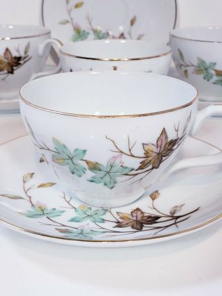 Halsey Porcelain China Set Of 4 Tea Cups & Saucers Swirling Leaves 2
