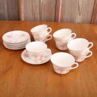8 Vintage W.  S.  George Tea Cups & Saucers Pink Flowers Gold Trim
