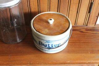 Antique Blue & White Stoneware Butter Crock Wooden Lid