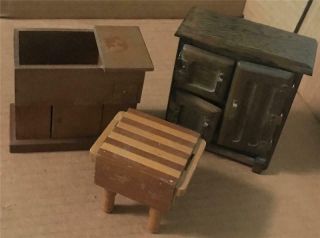 Vintage 1:12 Scale Dollhouse 3 Kitchen Items - Ice Box,  Dry Sink,  Cutting Block
